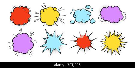 Cartoon speech bubble explosion burst and retro cloud of thought set. Comic colorful boom bang blast effects, fire dynamite clouds, doodle speech bubbles, energy sparks pop art stencil silhouettes Stock Vector