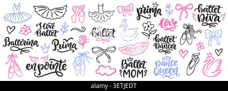 Ballerina dancer quotes, pointe shoes ballet set Stock Vector