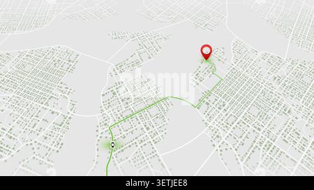3D urban street layout with car icon following green path to destination point marked by red pin. Vector illustration. Stock Vector