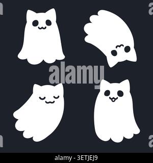 Set of cute cartoon cat ghosts. Kawaii ghosts with kitty ears and different facial expressions. Simple black and white drawing, vector clip art illust Stock Vector