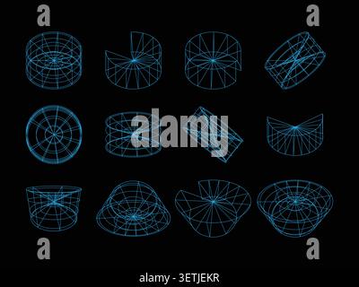 Set of 3d wireframe geometric shapes, abstract digital construction elements, cyan glowing lines on, futuristic technology design assets Stock Vector