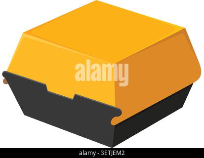 A yellow and black clamshell burger container rendered in a clean isometric vector style Stock Vector