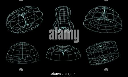 Set of abstract wireframe 3d shapes, geometric forms with glowing cyan lines, futuristic digital structures for design elements Stock Vector