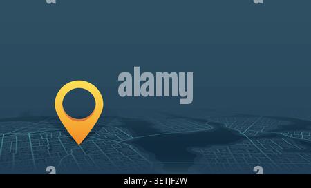 Yellow location pin on dark blue isometric city map background with copy space. Vector illustration. Stock Vector