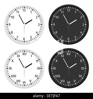 Clock Faces with Arabic and Roman Numerals in Light and Dark Themes Stock Vector