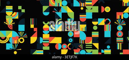Geometric Shapes Pattern Design, Abstract Bauhaus Background, Circle Square Rectangle Geomatry Pattern. Black Colorful Decorative BG, Mid Century Art Stock Vector
