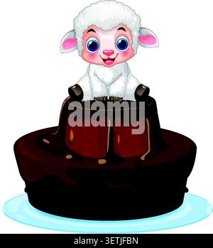 Vector illustration of a smiling white lamb sitting on a tiered chocolate glazed cake. Stock Vector