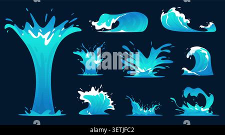 Ocean waves and spray. Cartoonish blue fountains and jets of aqua with white foam. Natural phenomena. Liquid splashes. Fluid flow of whirlpool Stock Vector