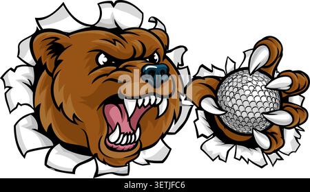 A bear angry animal sports mascot holding a golf ball and breaking through the background with its claws Stock Vector