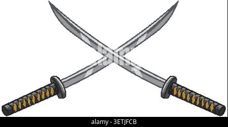 A flat vector illustration of two crossed samurai swords with black handles and silver blades Stock Vector