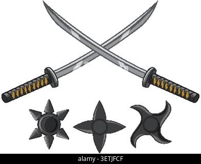 Vector illustration of crossed steel katana swords and various black throwing stars on white background Stock Vector