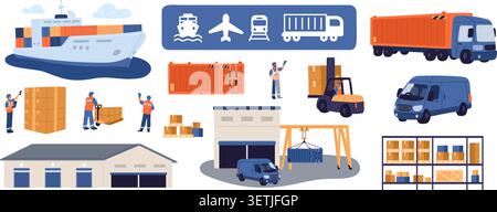 Logistics and freight delivery. Cargo trucks. Loading equipment. Workers in uniforms and hard hats. Containers transportation. Forklift or van Stock Vector