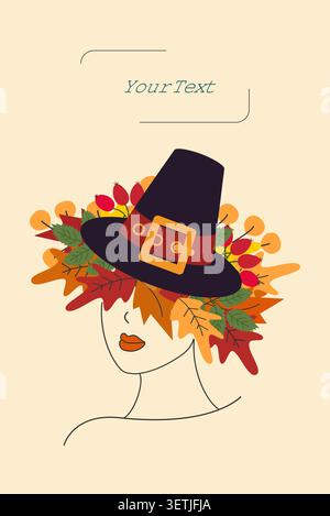 Minimal line art portrait of a woman in dark pilgrim hat adorned with a buckle, set above a vibrant crown of autumn leaves, berries, and foliage. Minimalistic Flat design Poster or media post Template Stock Vector