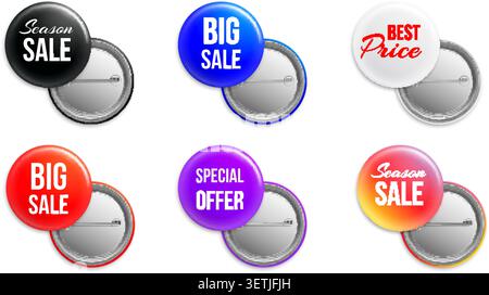 Icons featuring discount information. Round realistic pin badges. Super Sale or Best Price 3D labels with glossy finish. Special offer text designs Stock Vector