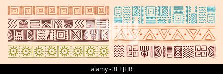 African tribal frame patterns, mexican geometric doodle borders with ethnic motifs, abstract sun print, vector hand drawn aztec ornamental lines. Seamless folk design for textile, afro background Stock Vector