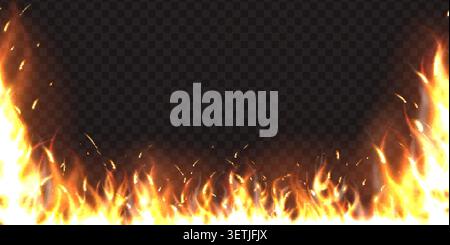Horizontal seamless fireplace. Realistic frame of flames against transparent background. Fiery and danger glow. Yellow and orange blaze with smoke and Stock Vector