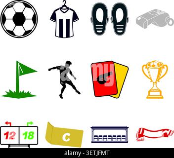 A flat illustration set featuring soccer and football related icons. Stock Vector
