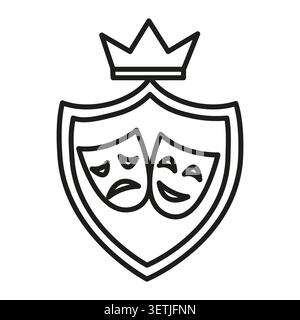 Shield theater mask crown black vector icon features premium drama protection. Classical comedy heritage represents royal acting entertainment. eps 10 Stock Vector