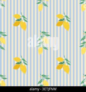 Repeating lemon sprigs on pale blue and cream vertical stripes Stock Vector