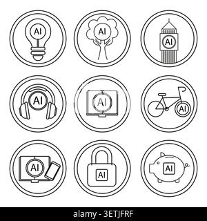 AI icons collection for technology concepts and future innovation. Artificial intelligence in daily life, business and industry. Vector EPS 10. Stock Vector