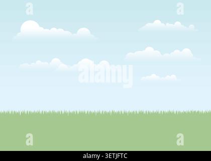 A clean vector illustration featuring a lush green meadow under a bright blue sky filled with soft white clouds. Stock Vector