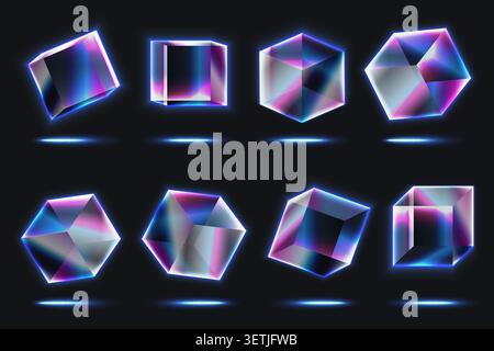 Collection of glowing glass cubes and geometric crystal shapes with icy neon gradients, floating reflections and futuristic shine, isolated on dark background vector illustration Stock Vector