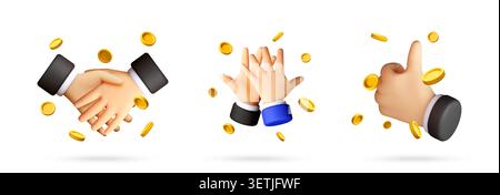 Set of 3d hands showing handshake, high five and thumbs up gesture with flying gold coins. Business interaction, partnership, success and profit conce Stock Vector