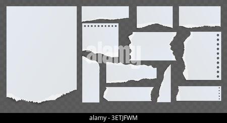 White strips of torn paper. Realistic ripped pages from notebooks. Clean scraps. Jagged edges. Stationery notepad. Memo fragment. Reminder blank Stock Vector