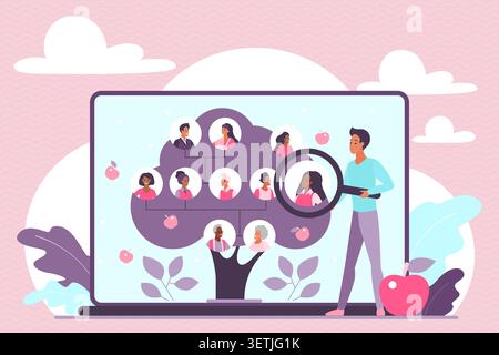 Family tree concept on laptop screen with genealogy chart, relatives portraits and person using magnifying glass for ancestry research, isolated on white background vector illustration Stock Vector