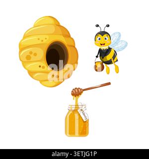 Cute honey bee set with beehive and honey jar, vector illustration Stock Vector