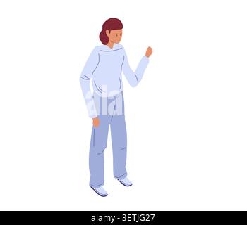Isometric girl in casual clothes looking worried or tense. Hand raised and clenched in fist. Stress, emotion blog, mental health. Stock Vector