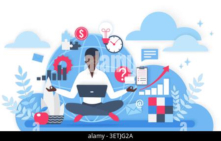 Black businesswoman multitasking in cloud workspace with laptop, analytics, finance, messaging and productivity icons, remote digital workflow isolated on white background vector illustration Stock Vector