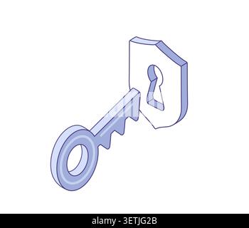 Shield icon with keyhole, key. Isometric vector illustration for security systems, access control, data protection, cyber defense. Stock Vector