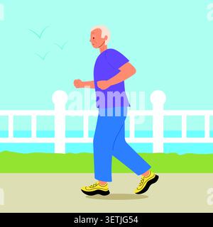 Elderly man in comfortable clothes does race walking along river on embankment. Flat vector illustration for senior fitness. Stock Vector