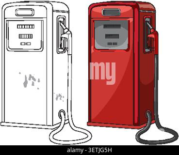 Retro gas pump in detailed vector style, half colored, half outlined, isolated on white background Stock Vector