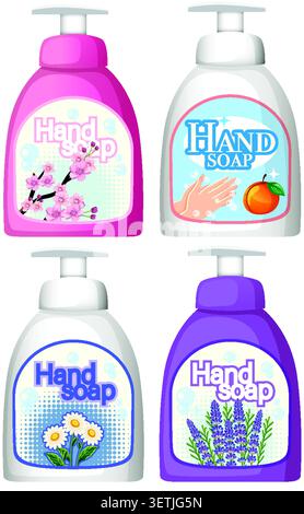Colorful hand soap bottles with floral labels, clean vector style, isolated on white background Stock Vector