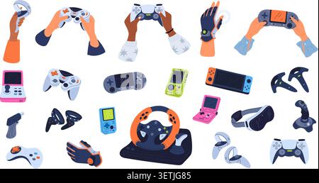 People with controllers play computer games. E-sports accessories. Electronic consoles. Interactive gadgets. Videogame glove. Gamepads or remote Stock Vector