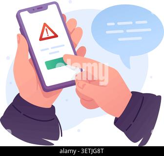 Hands holding smartphone with warning alert icon on screen vector illustration. Mobile app error notification, digital fraud cyber security threat and Stock Vector