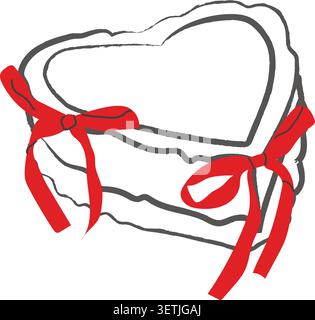 Hand-drawn heart shaped vintage cake with red ribbon bows isolated on white background. A whimsical brush stroke dessert illustration for Valentine's Stock Vector