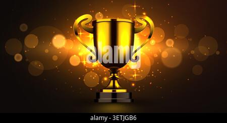 Golden winner trophy cup on dark background with lights. Success and achievement concept. Vector illustration. Stock Vector