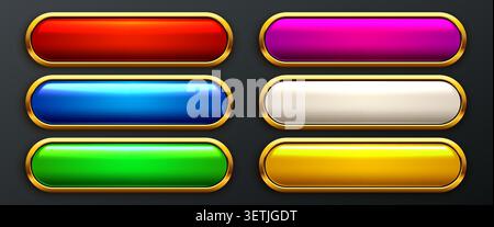 Glossy colorful web buttons with gold frames. Set of modern UI elements for digital interface. Vector illustration Stock Vector