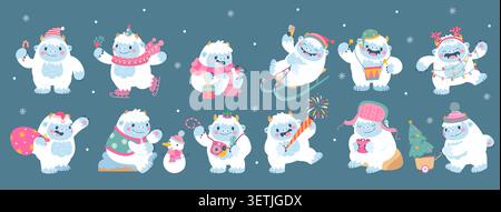 Christmas snow yeti. Bigfoot wearing santa and elf hats, hold firework, bag with presents, drink hot cocoa. Xmas funny mascots, new year characters Stock Vector