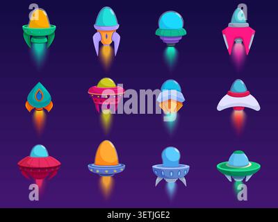 Cartoon ufo spaceship. Fantastic universe travellers spacecrafts, different aliens ships. Space adventure transport, travel and exploration, sapid Stock Vector