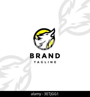 Howling Wolf Silhouette Line Logo Design. Brave Howling Wolf In Circle Line Logo Design. Stock Vector