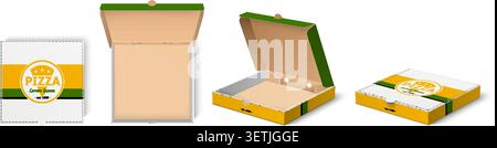 Pizza box design. Realistic fast food mockup. Branded cardboard packaging featuring pizzeria logo. Template for restaurant delivery pack. 3D Stock Vector