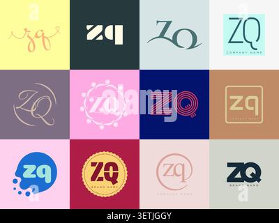 ZQ logo company template. Letter z and q logotype. Set different classic serif lettering and modern bold text with design elements. Initial font typog Stock Vector