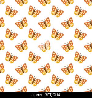 Seamless cute orange and yellow butterflies pattern on white background. Cartoon vector print. Stock Vector