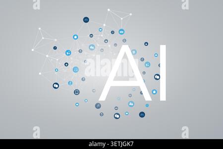 A vector graphic illustrating AI controlled IoT connectivity. A polygonal network of nodes and icons representing smart devices and services with a la Stock Vector