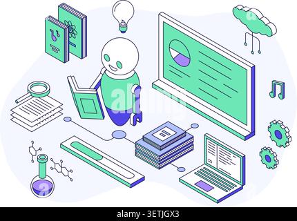 Isometric line machine learning concept. Little robot android reading book, study different information for correct work. Ai technologies, digital Stock Vector