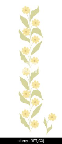 Bouquet of flowers with yellow petals and leaves, simple flat pattern. Vector illustration. Geometric floral seamless border, isolated on a white Stock Vector
